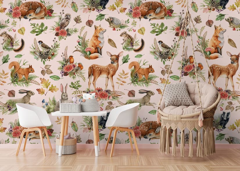 Nursery Watercolor Cute Forest Animals Pattern Wallpaper Mural
