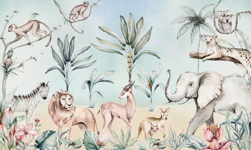 Jungle Animals with Banana Trees Kids Tropical Plants  Wallpaper Mural