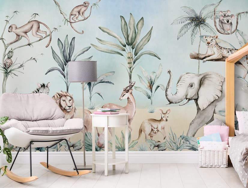 Jungle Animals with Banana Trees Kids Tropical Plants  Wallpaper Mural