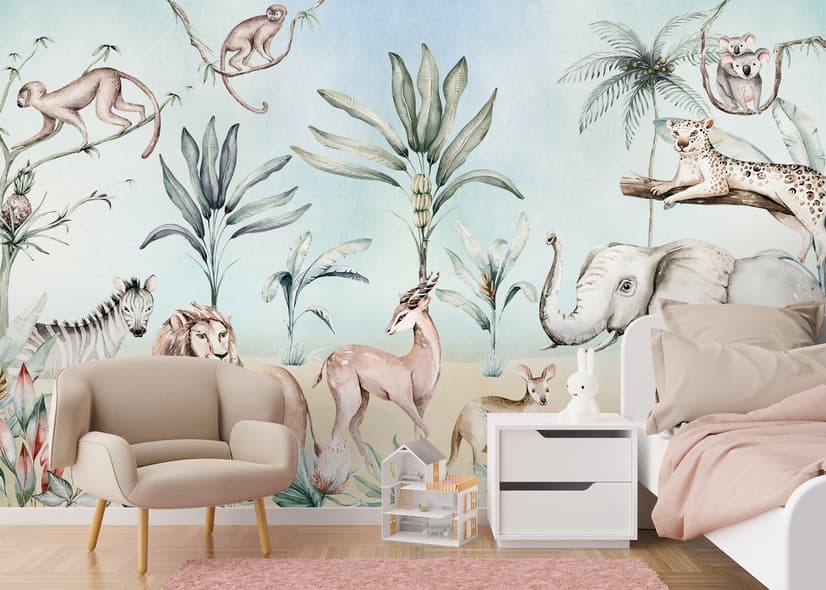 Jungle Animals with Banana Trees Kids Tropical Plants  Wallpaper Mural