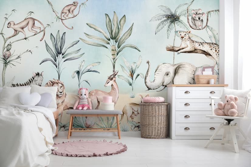 Jungle Animals with Banana Trees Kids Tropical Plants  Wallpaper Mural