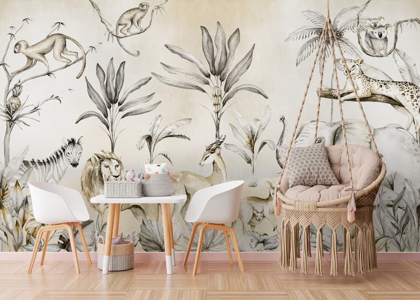 Jungle Animals with Banana Trees Kids Tropical Plants  Wallpaper Mural