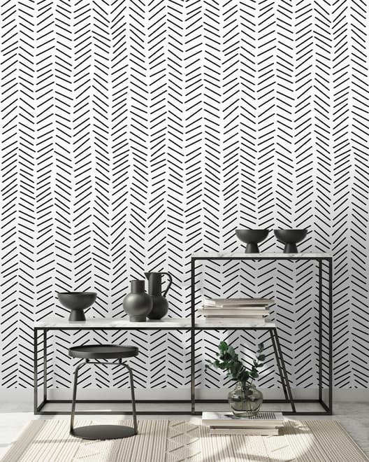 Papier peint panoramique moderne à chevrons, noir et blanc