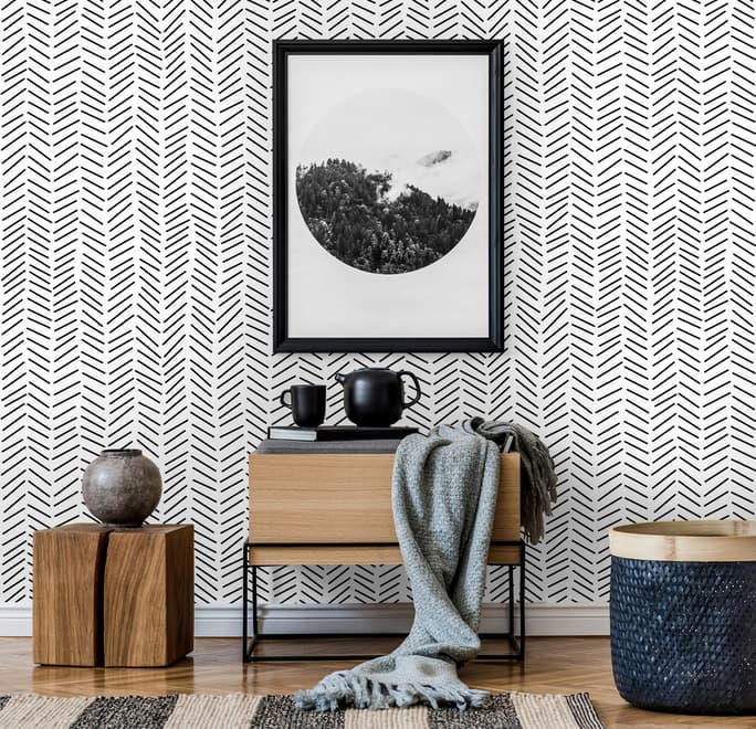 Papier peint panoramique moderne à chevrons, noir et blanc