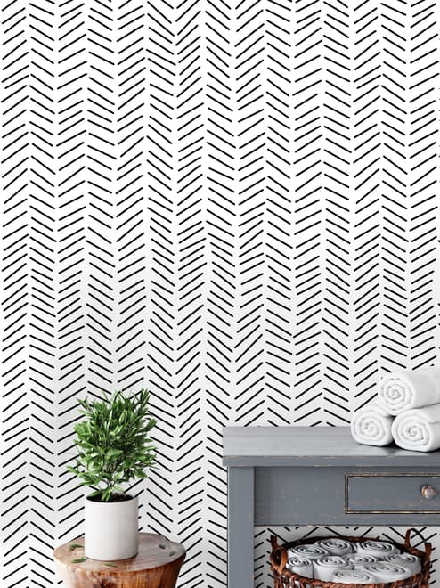 Papier peint panoramique moderne à chevrons, noir et blanc