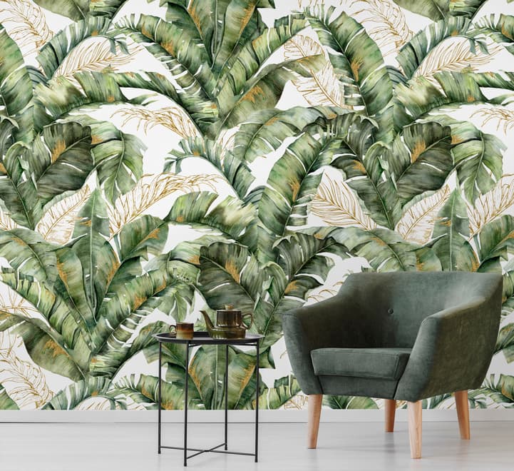 Papier peint feuille banane tropicale détails or