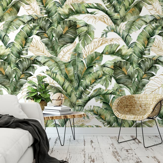 Papier peint feuille banane tropicale détails or