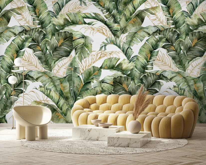 Papier peint feuille banane tropicale détails or