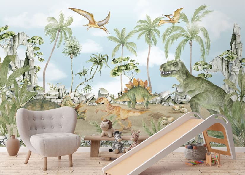 Papier peint dinosaure jurassique pour enfants animaux préhistoriques aquarelle
