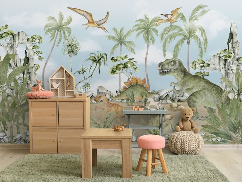 Papier peint dinosaure jurassique pour enfants animaux préhistoriques aquarelle