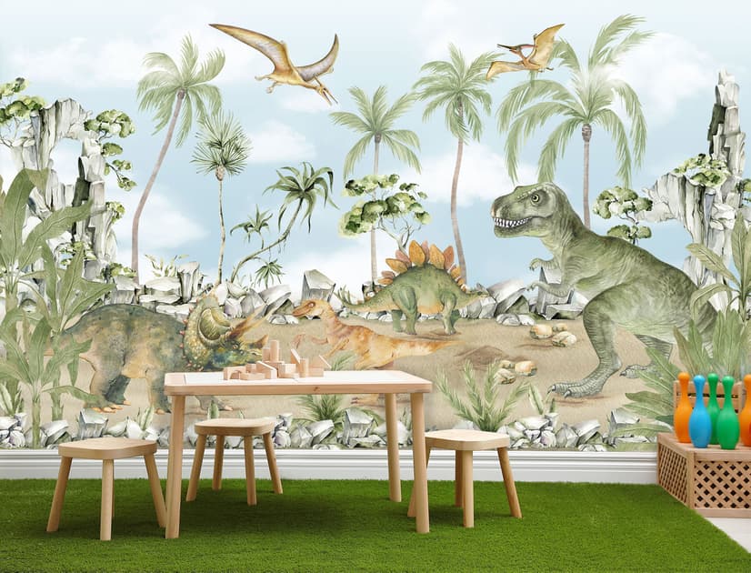 Papier peint dinosaure jurassique pour enfants animaux préhistoriques aquarelle