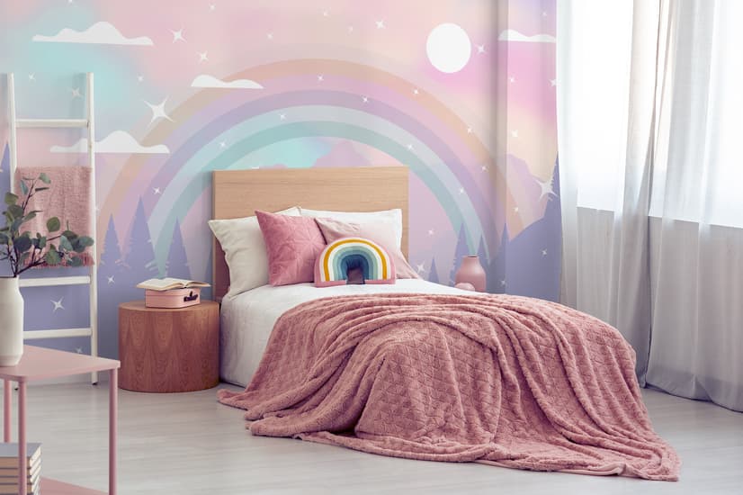 Kids Nursery Rainbow with Colorful Mountains and Shiny Stars Wallpaper Mural