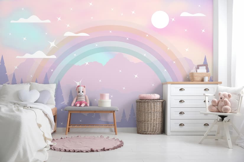 Kids Nursery Rainbow with Colorful Mountains and Shiny Stars Wallpaper Mural