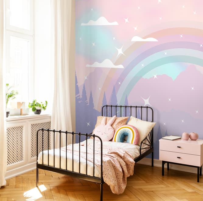 Kids Nursery Rainbow with Colorful Mountains and Shiny Stars Wallpaper Mural