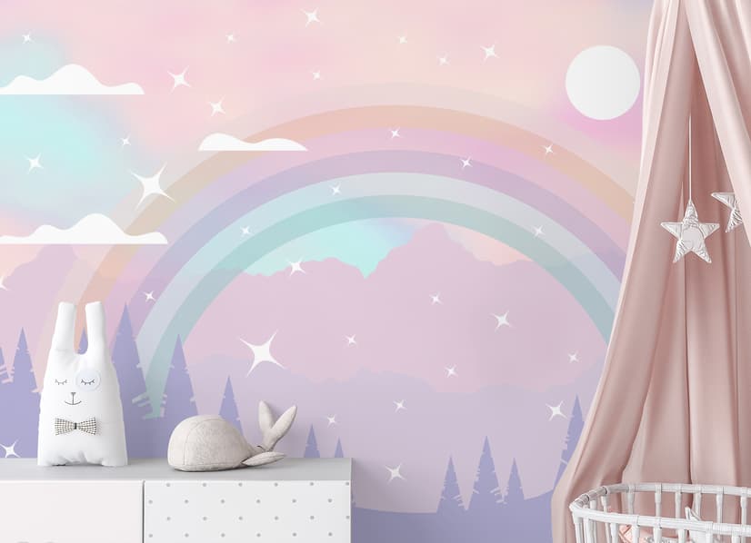 Kids Nursery Rainbow with Colorful Mountains and Shiny Stars Wallpaper Mural