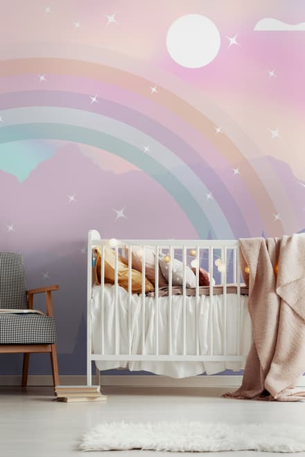 Kids Nursery Rainbow with Colorful Mountains and Shiny Stars Wallpaper Mural
