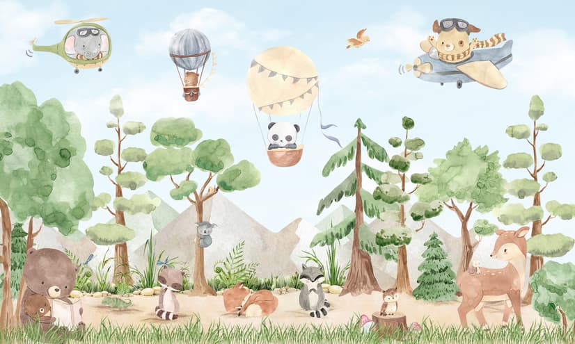 Kinder Fototapete Waldtiere mit fliegenden Tieren