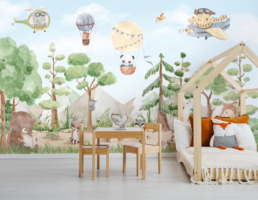 Kinder Fototapete Waldtiere mit fliegenden Tieren