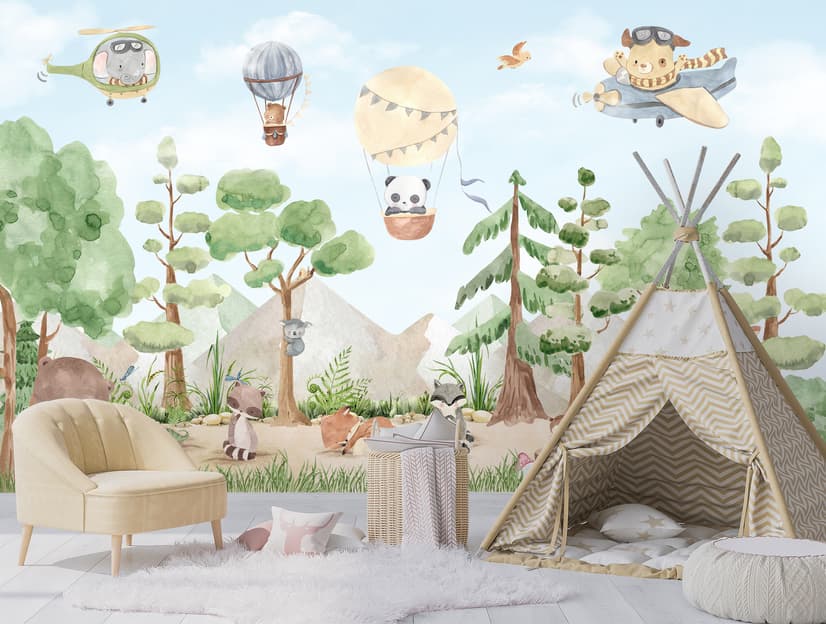 Kinder Fototapete Waldtiere mit fliegenden Tieren