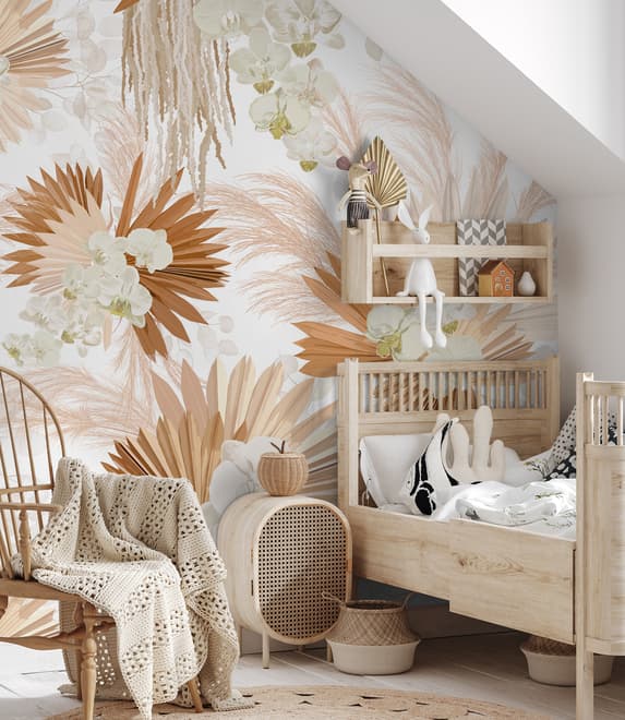 Neutral Boho Plants with Palm Leaf Wallpaper Mural