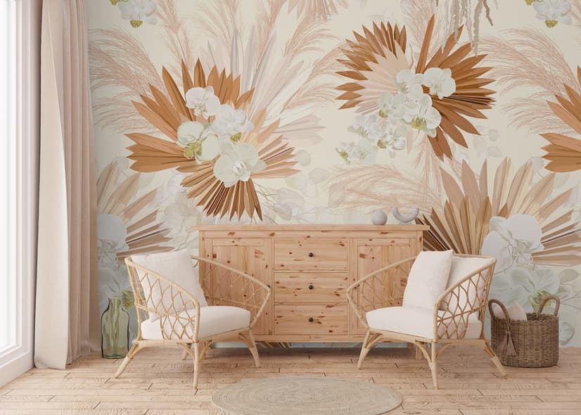 Neutral Boho Plants with Palm Leaf Wallpaper Mural