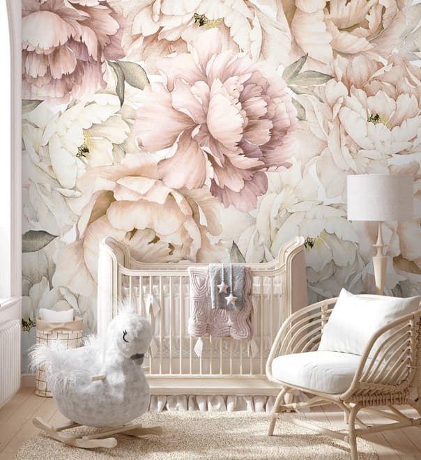 Nursery Pastel Peony Watercolor Floral For Girls Wallpaper Mural