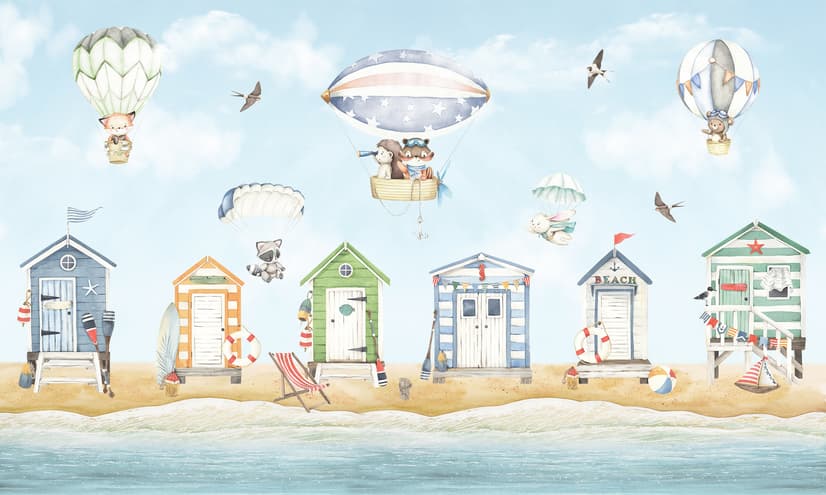 Aquarellkinder-Strandhaus mit Heißluftballons