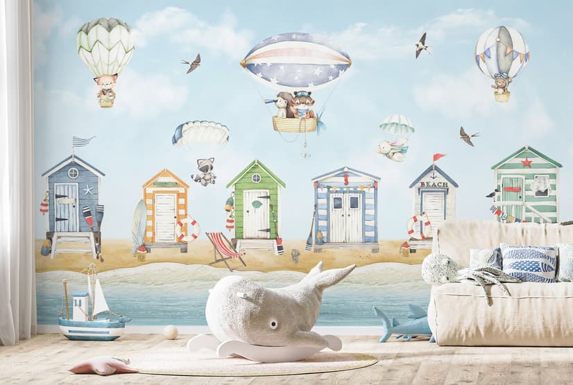 Watercolor Kids Beach House with Hot Air Balloons