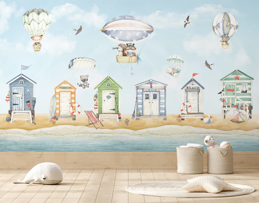 Aquarellkinder-Strandhaus mit Heißluftballons