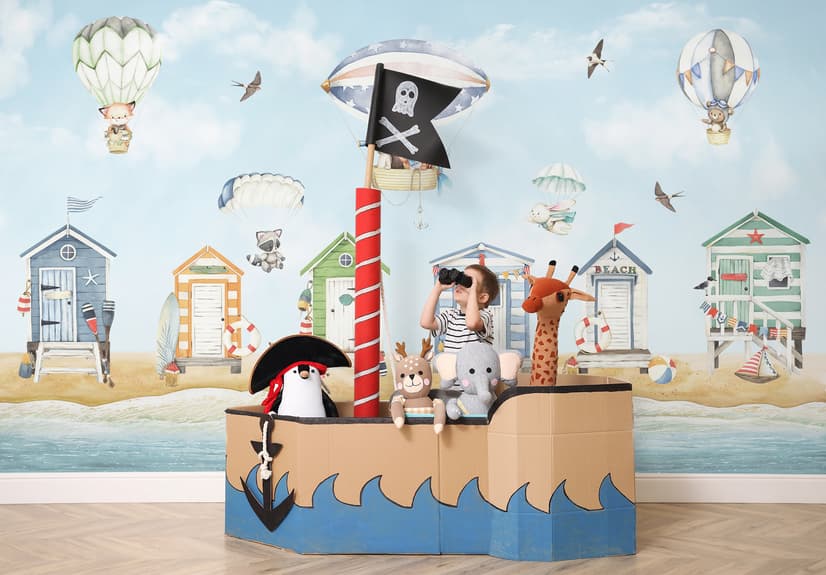 Aquarellkinder-Strandhaus mit Heißluftballons