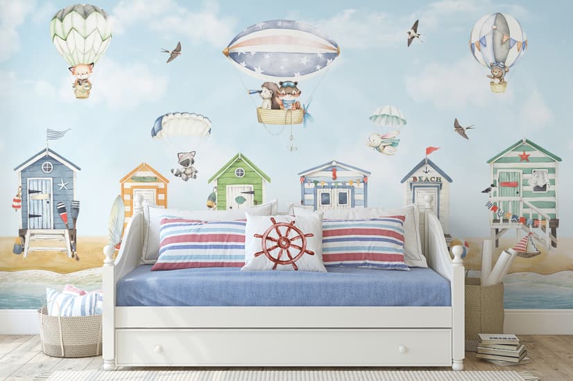 Aquarellkinder-Strandhaus mit Heißluftballons