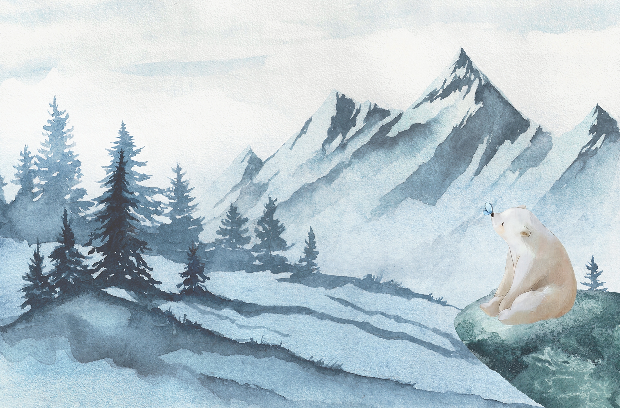 Kids Mountain Landscape with Cartoon Bear Wallpaper Mural