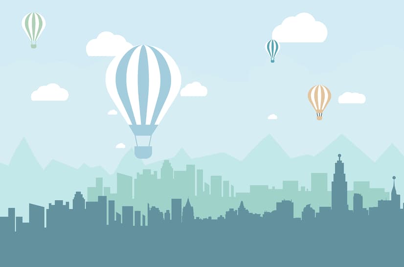 Hot Air Balloon and Blue City Landscape Wallpaper Mural