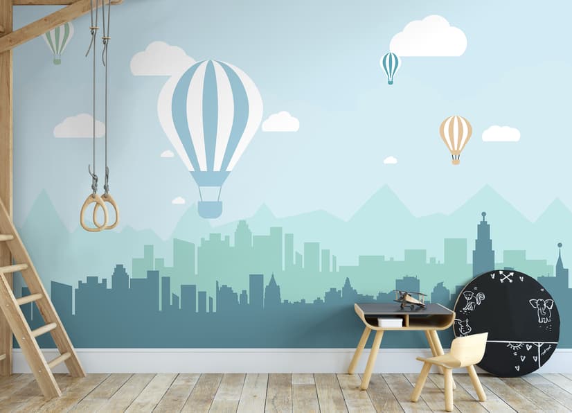 Hot Air Balloon and Blue City Landscape Wallpaper Mural