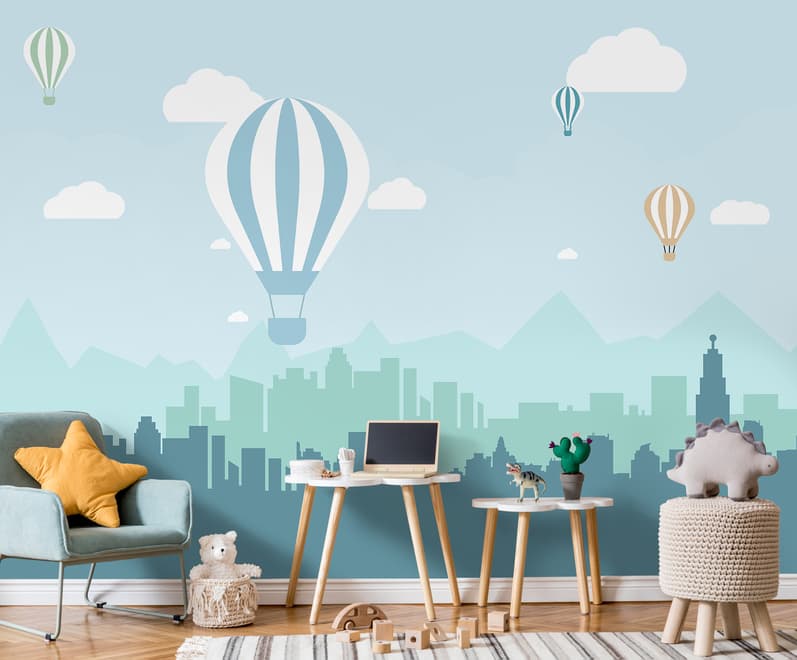 Hot Air Balloon and Blue City Landscape Wallpaper Mural