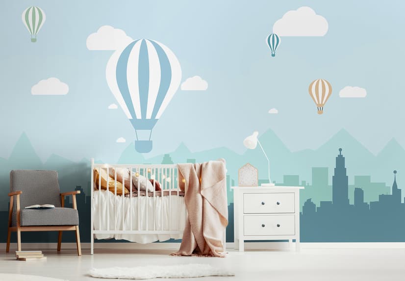 Hot Air Balloon and Blue City Landscape Wallpaper Mural