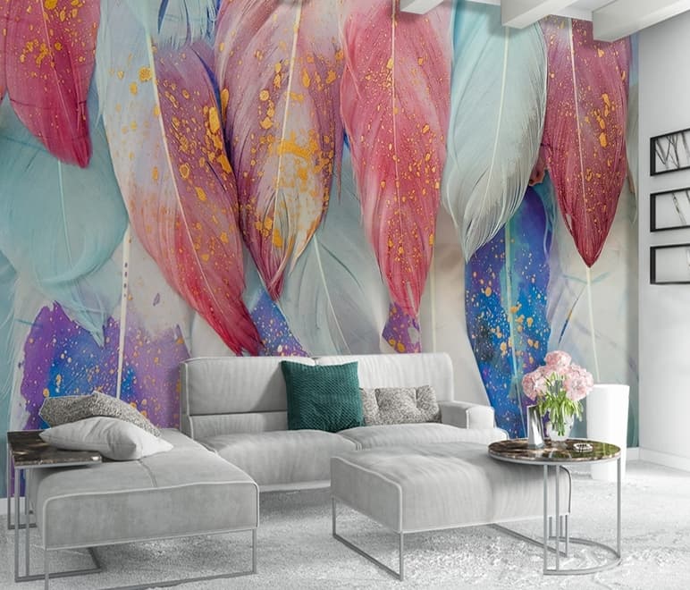 Papier peint panoramique aquarelle à motifs de plumes