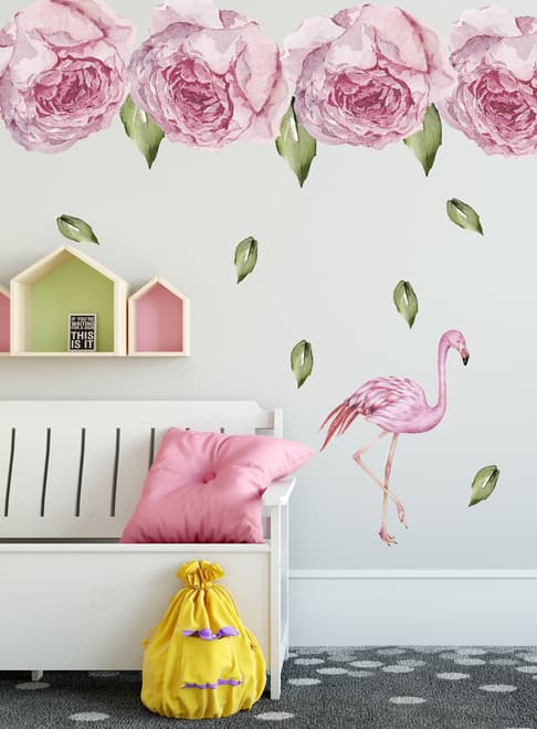 Stickers muraux fleurs et flamants roses - Pivoine