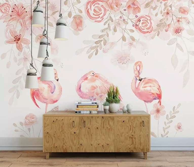 Pink Flamingo with Pink Flowers Wallpaper Mural