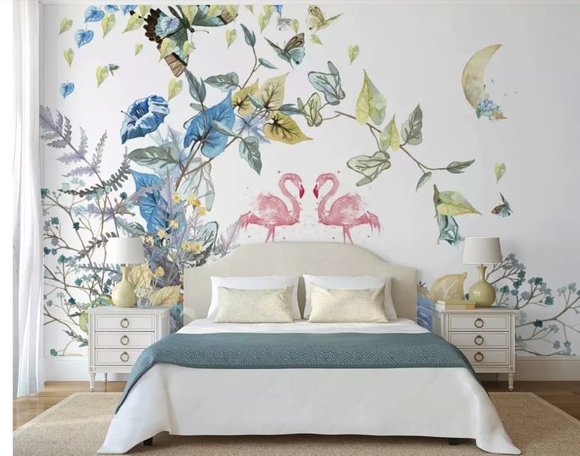Flamingo and Soft Floral Wallpaper Mural
