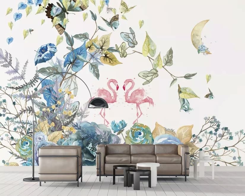 Flamingo and Soft Floral Wallpaper Mural
