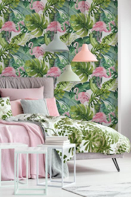 Papier peint motif tropical flamant rose