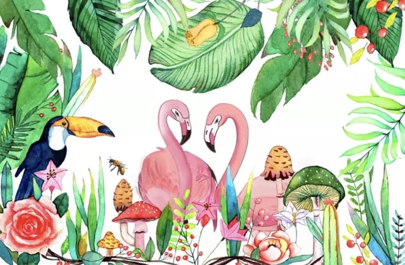 Papier peint panoramique flamants roses avec toucan