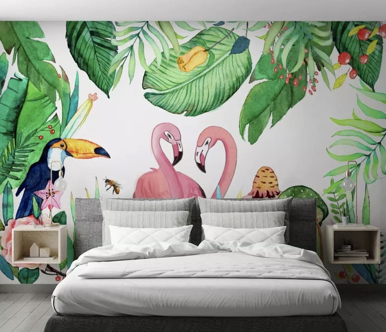 Papier peint panoramique flamants roses avec toucan