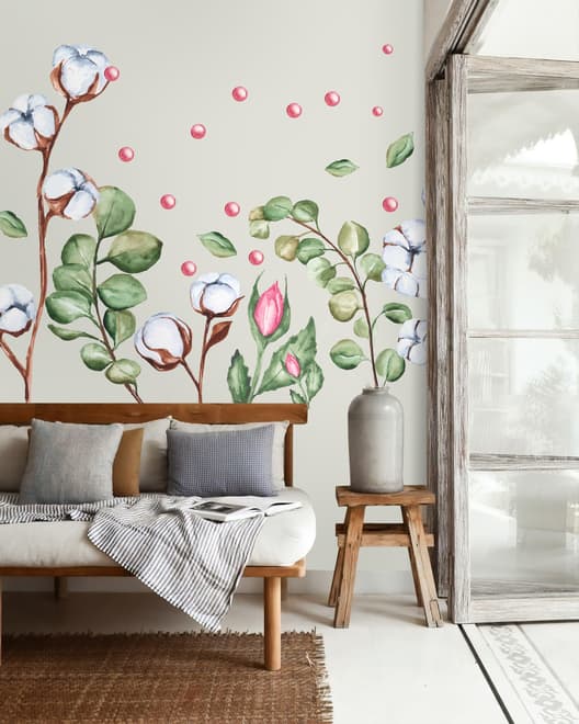 Stickers muraux en coton blanc avec feuilles vertes et boutons de rose roses