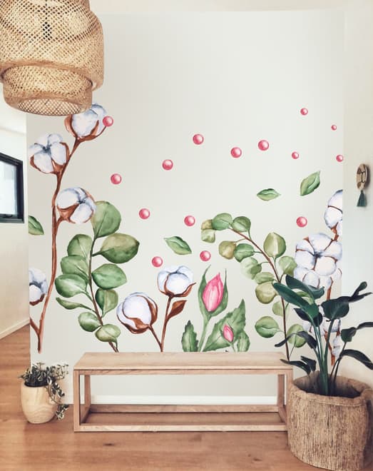 White Cotton Florals with Green Leaf and Pink Rosebud Wall Decal Sticker