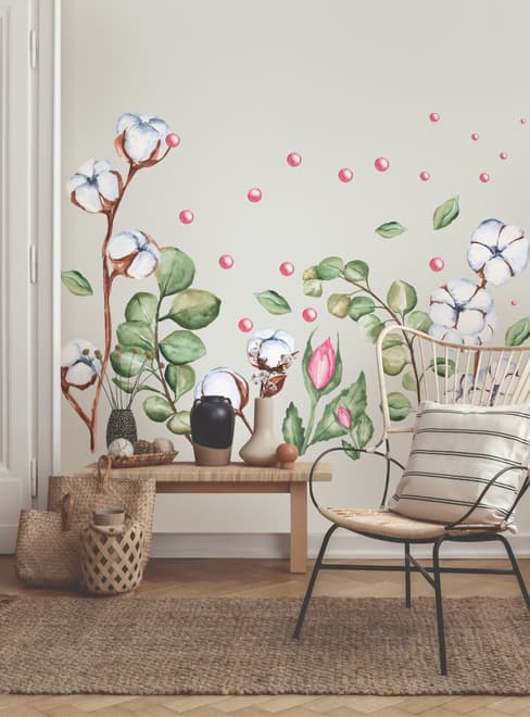 White Cotton Florals with Green Leaf and Pink Rosebud Wall Decal Sticker