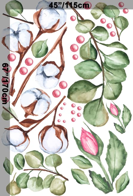 White Cotton Florals with Green Leaf and Pink Rosebud Wall Decal Sticker