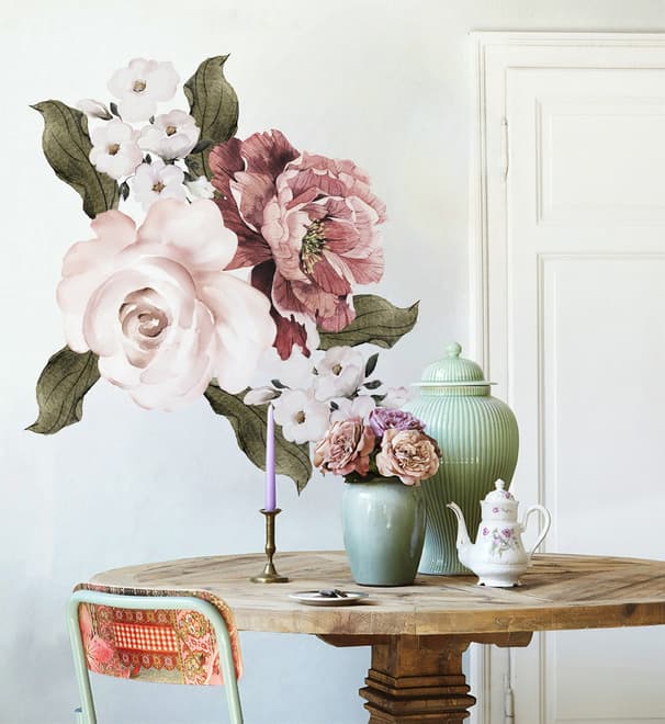 Pink Rose Red Peony Floral Bouqet Wall Decal Sticker