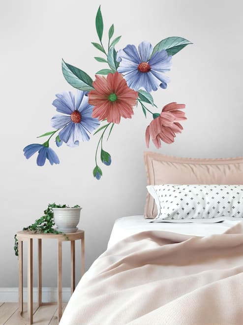 Blue Red Watercolor Daisy Floral Bouqet Wall Decal Sticker